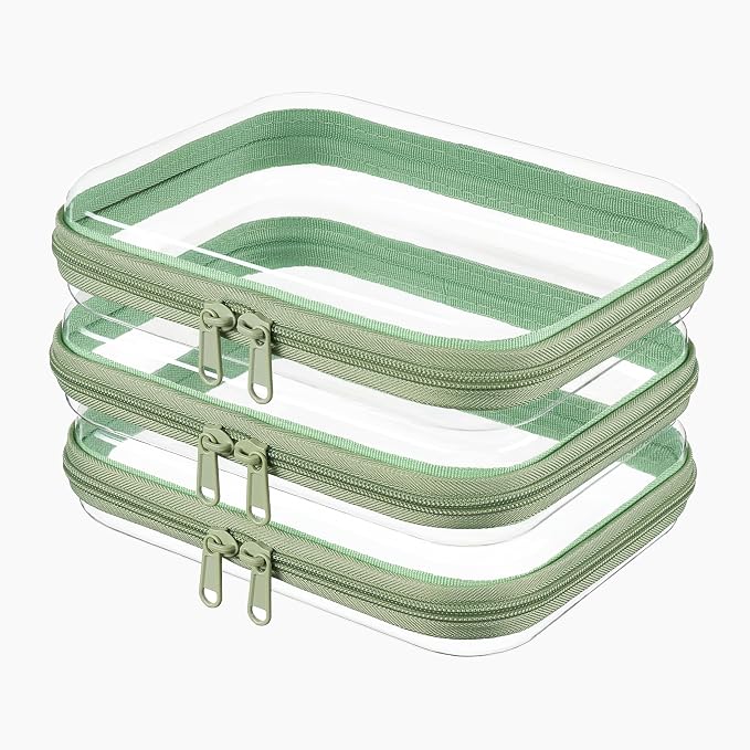 3-PCS Medium Clear Hard Shell Zipper Pouches, Clear Zipper Bags (3M, Green) | Hard Case Pouches for Purse & Diaper Bag Organizer, Travel Essentials, Clear Storage Bags, and Travel Zipper Container by WELPIRT