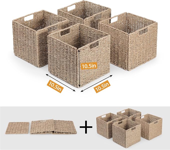 10.5 x 10.5in Seagrass Storage Baskets Set of 4, Cube Foldable Woven Storage Baskets for Shelves, Decorative Seagrass Shelf Basket - Image 4