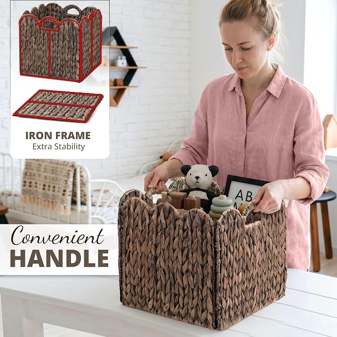 Set of 4 Foldable Scalloped Wicker Storage Cubes Basket, Storage Cube Bins -12"x12"x12", Collapsible Cube Organizers, Water Hyacinth Woven Bins for Bathroom, Bedroom, Shelves,...(Espresso Color) - Image 5