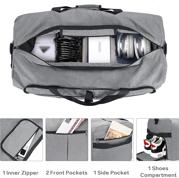 100L EXTRA LARGE Foldable Waterproof Travel Duffel Bag for Men Women Gray | with Shoe Compartment, 32" Duffle Bag for Weekender Gym Sport, Tear Resistant - Image 4