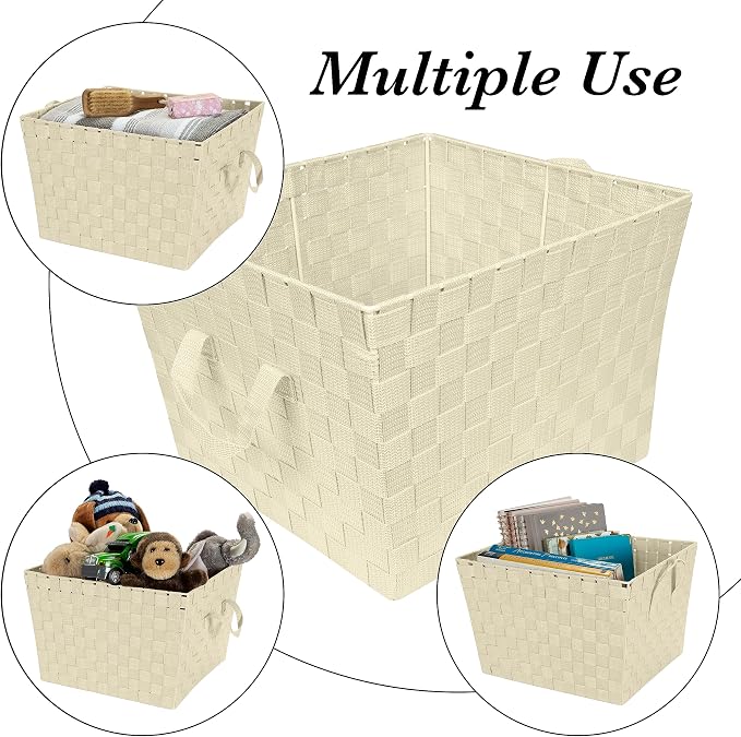 Simplify Large Woven Strap Tote | Decorative Storage Basket | 2 Handles | Organization | Closet | Bedroom | Bathroom | Nursery | Accessories | Toys | Gifts | 2 Pack | Ivory - Image 2