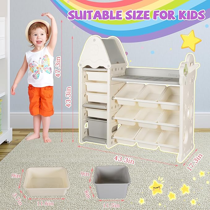 4-Tier Kids Toy Storage Organizer with 14 Removable Toy Bins | Toy Bins for Kids Organizer Made of High-Density Polyethylene with Smooth Rounded Edges for Safe and Stable Toy, Book Storage - Image 2