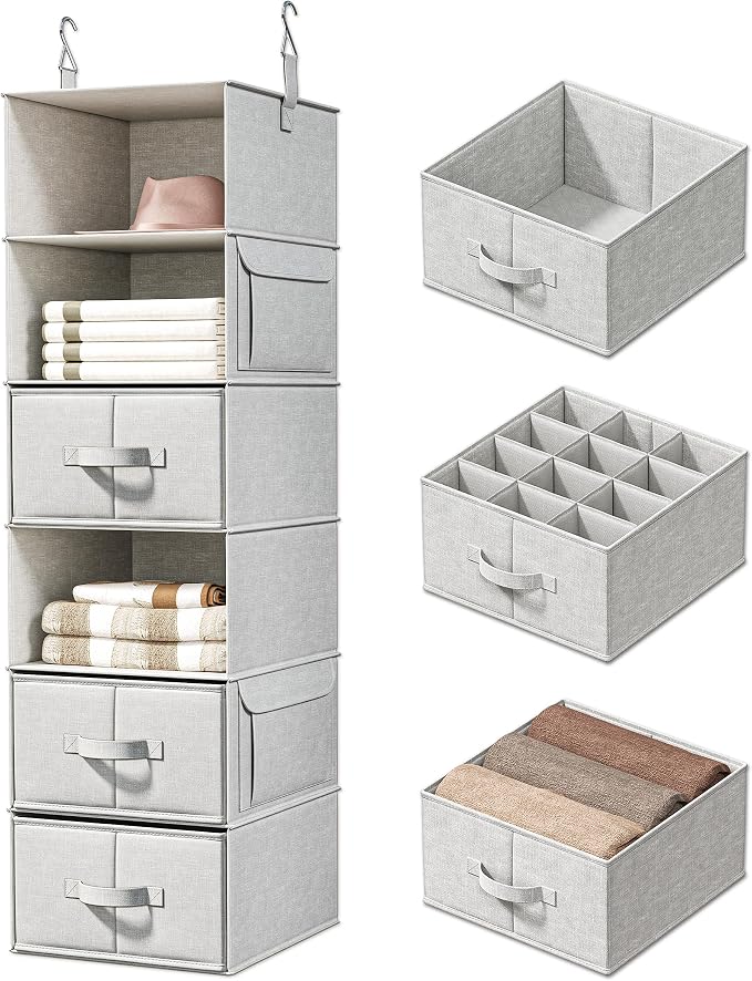 6-Shelf Hanging Closet Organizer with 3 Fabric Drawers, Silver Gray | Removable Fabric Drawers, Side Pockets, Reinforced Structure, Space-Saving Storage for Clothes, Nursery and Dorm Rooms by Vailando