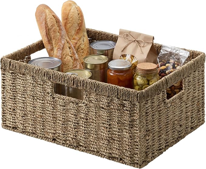 StorageWorks Extra Large Wicker Basket, Seagrass Storage Basket, 1-Pack | Seagrass Baskets with Handles, Wicker Baskets for Organizing, Wicker Storage Baskets for Shelves, Woven Basket for Storage by StorageWorks