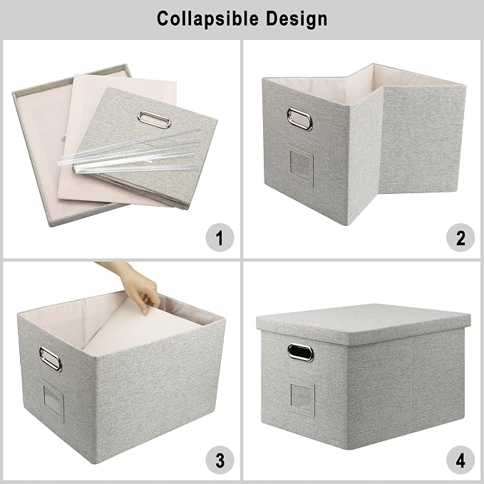 Storage Bins With Lids Office Organization File Folder Organizer Boxes | Beige, 4 Pack, 15.1" * 12.2" * 10.04", Built-In Handle, Collapsible, Stackable, Dustproof, Linen Fabric, Cardboards - Image 5