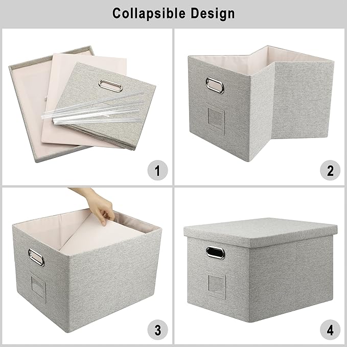Storage Bins With Lids Office Organization File Folder Organizer Boxes | Beige, 2 Pack, 15.1" * 12.2" * 10.04", Built-In Handle, Collapsible, Stackable, Dustproof, Linen Fabric, Cardboards - Image 5