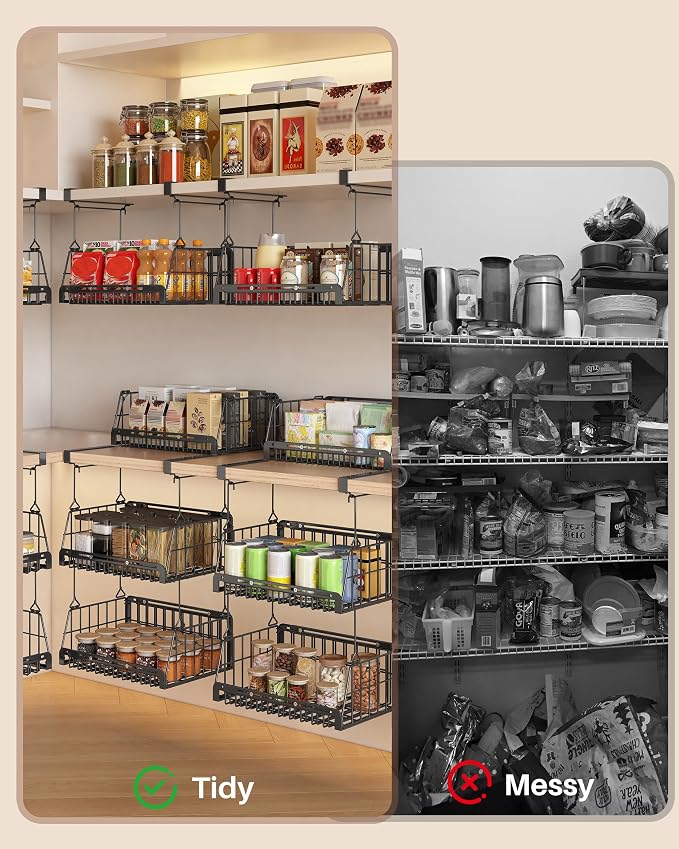 2 Pack Under Shelf Organizer Hanging Under Shelf Storage Basket, Black | Extendable heavy-duty metal under shelf basket, sturdy & durable, fits kitchen, pantry, closet, office, adjustable length - Image 6