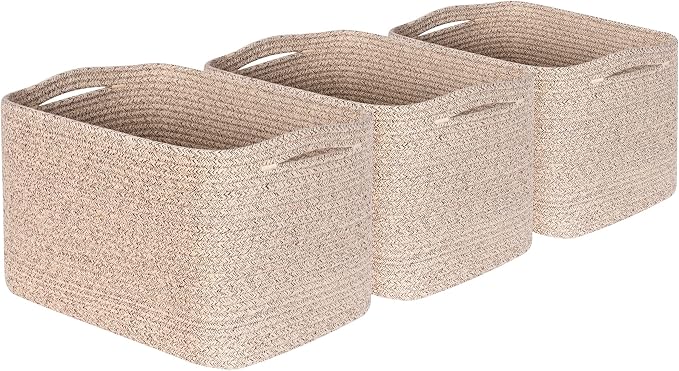 3-Pack Decorative Woven Storage Baskets for Shelves, Cube Bin Box for Organizing Books, Shoes, Dog Toys, Pantry Closet and Living Room Organizer, Oatmeal Brown - Image 8