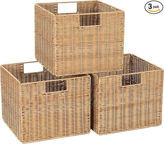12X12X10in Plastic Wicker Storage Basket, Collapsible Wicker Cube Storage for Shelves, Woven Plastic Storage Basket for Pantry, Bedroom, Living Room, Bathroom, Shelves-3 Pack by DINGTAI