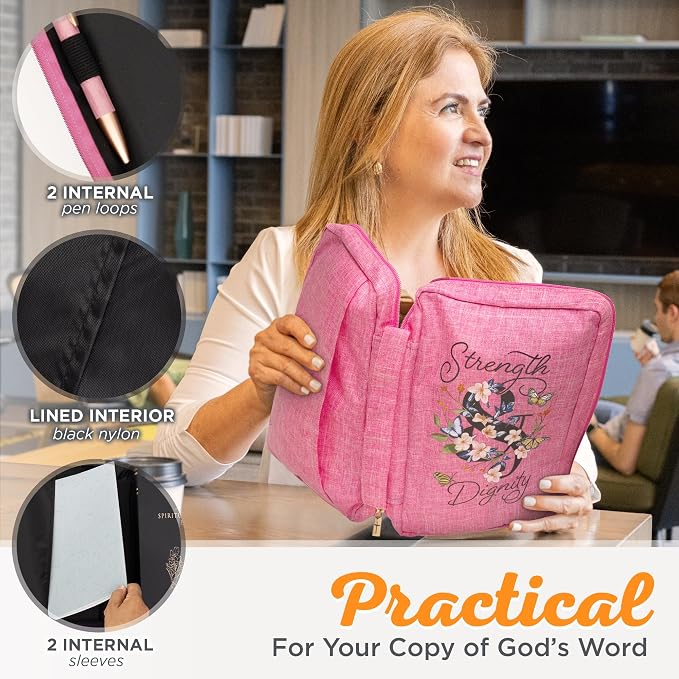 Christian Art Gifts Polyester Canvas Bible Cover for Women w/Zippered Pocket & Pen Storage: Strength & Dignity - Proverbs 31:25 Inspirational Bible Verse Carry Case, Pink Butterfly Floral, Large - Image 7