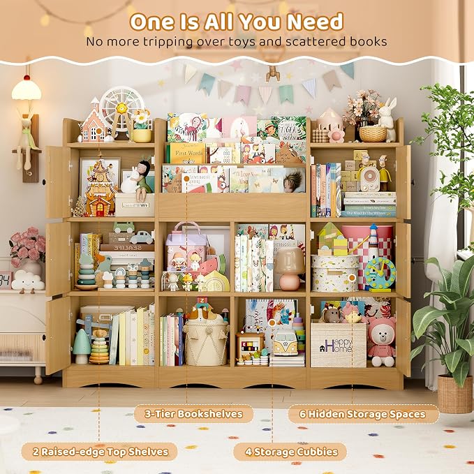 Toy Organizers and Storage with 10 Cubbies and 4 Tier Bookshelf | 55" Large Kids Bookshelf Toy Organizers and Storage with Raised-Edge Top Shelf, Playroom Storage and Toy Chest, Natural - Image 6