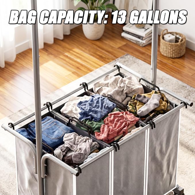 Simple Houseware Laundry Sorter Cart with Hanging Rod, Silver | Extendable Width from 30.25 to 49.25", Removable 3-Section Laundry Basket - Image 7