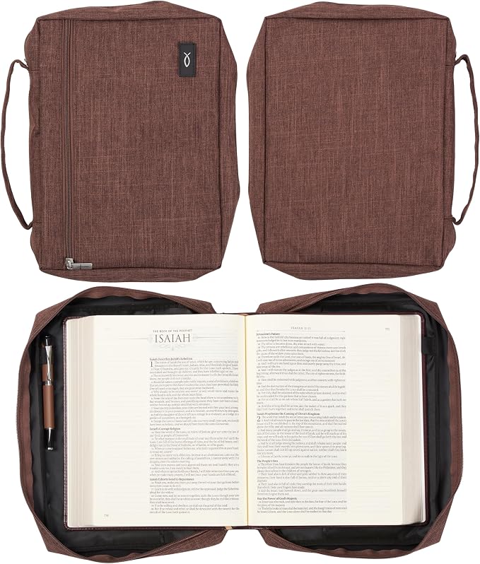 Christian Art Gifts Polyester Bible Cover for Men & Women w/Jesus Fish Patch, Secure Zipper Pocket, Pen Loops, Easy Carry Book Case for Stationery, Accessories, Brown, XL - Image 6