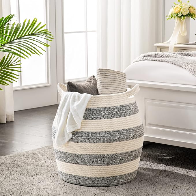 KAKAMAY Woven Baskets for Storage(17"x17"),Large Cotton Rope Basket Woven Baby Laundry Hamper,Collapsible Laundry Basket, Blanket Basket for Organizing Living Room,Nursery,Pillows,Toy Chest(Grey) - Image 4