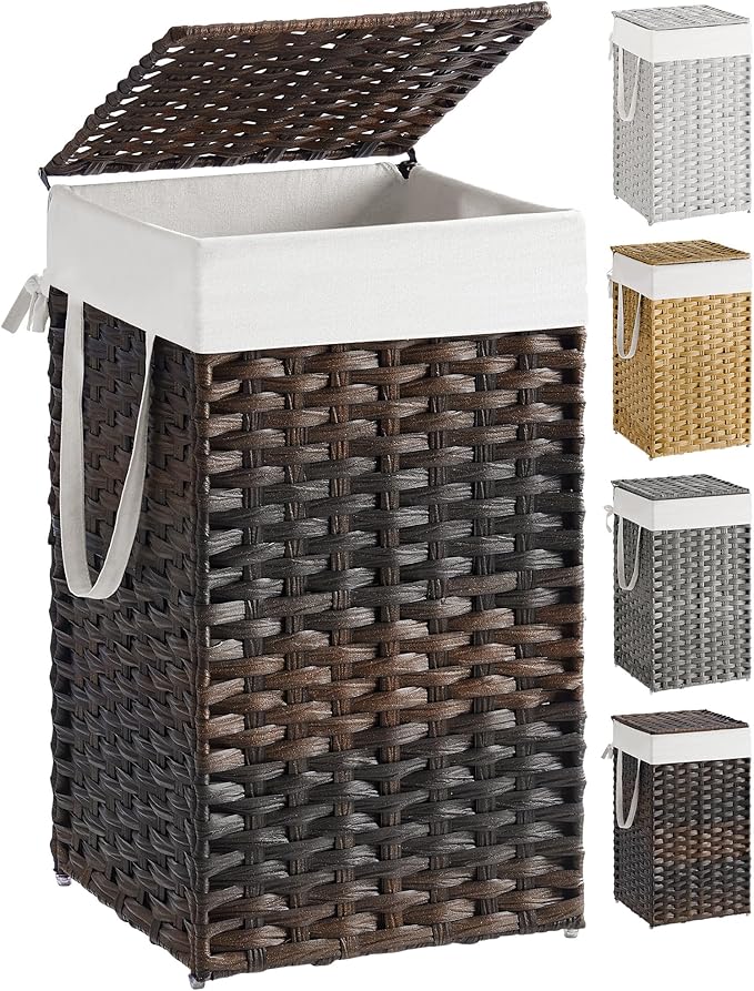 SONGMICS Laundry Hamper with Lid, 17.2 Gallon (65 L) Synthetic Rattan Clothes Laundry Basket with Lid and Handles, Foldable, Removable Liner, Chestnut Brown ULCB165K01 by Unknown