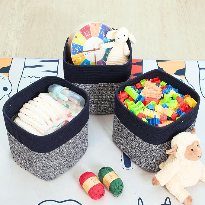 3-Pack 11x11in Woven Cube Storage Bin and Shelf Baskets, Cute Decorative Square Organizer for Closet, Classroom, Bathroom, Dog and Cat Toys, and Books, Navy Blue - Image 5