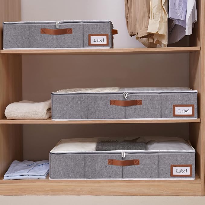 Yawinhe 27L Under Bed Storage,4 Pack Collapsible Container Bags,Grey | Blanket Storage Bags with Clear Window and Lids with 4 Leather Handles;Closet Organizers with Sorting Card Slot for Bedding - Image 2