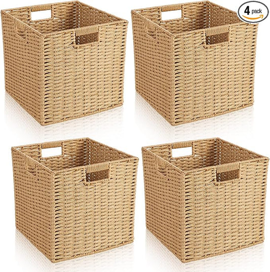 4 Pcs Wicker Storage Baskets 10.6 x 10.6in Cube Storage Bin Organizer Camel Square Foldable Wicker Baskets for Shelves Organizing Decor Laundry Pantry Toys by Newtay