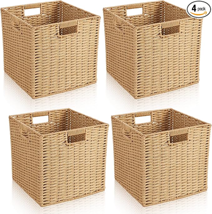 4 Pcs Wicker Storage Baskets 13 x 13 in Cube Storage Bin Organizer Camel Square Foldable Wicker Baskets for Shelves Organizing Decor Laundry Pantry Toys by Newtay
