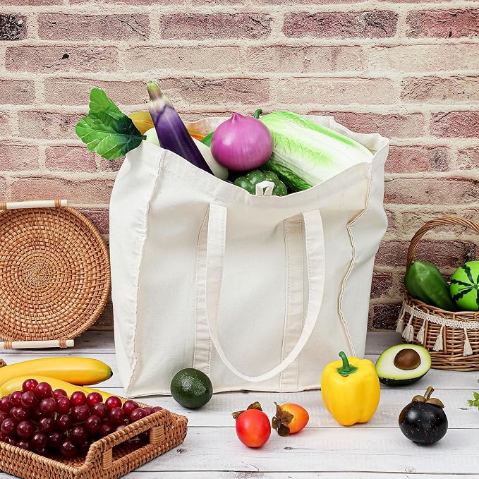 Amylove 12 Pack Canvas Grocery Bag,Heavy Duty Reusable Tote Bag | Reinforced Canvas, Large Capacity, Washable & Foldable, Strong Handles, for Grocery Shopping, Storage, Laundry & Travel - Image 6