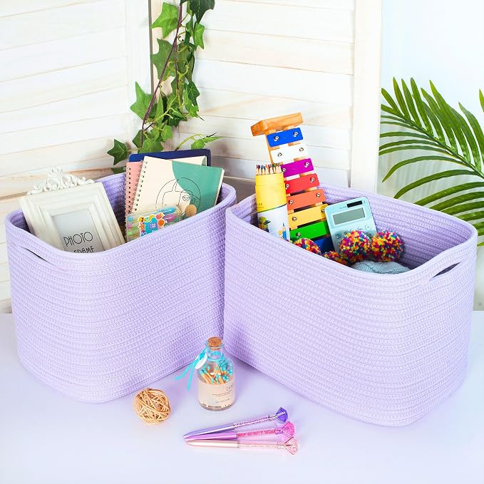 3-Pack Storage Baskets and Cube Bins for Shelves, Playroom and Classroom, Decorative Woven Closet Organizers for Books, Shoes, and Pantry Items, Lavender Purple - Image 3