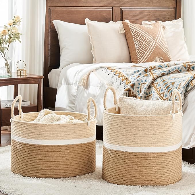 KAKAMAY Large Blanket Basket with Handles, Storage Basket for Living Room | Extra Large Capacity | Natural Cotton Rope | Blanket Storage | Woven Storage Basket | Stuffed Animal Storage | Laundry Basket - Image 5