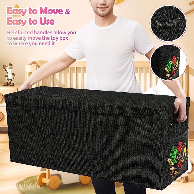 Extra Large Toy Box, Collapsible Toy Storage Organizer, 40"x16"x16", Black | Sturdy Kids Toys Bin Chest with 2 Mesh Pockets and Dividers for Boys Girls, Bedroom & Living room Toy Organization - Image 5