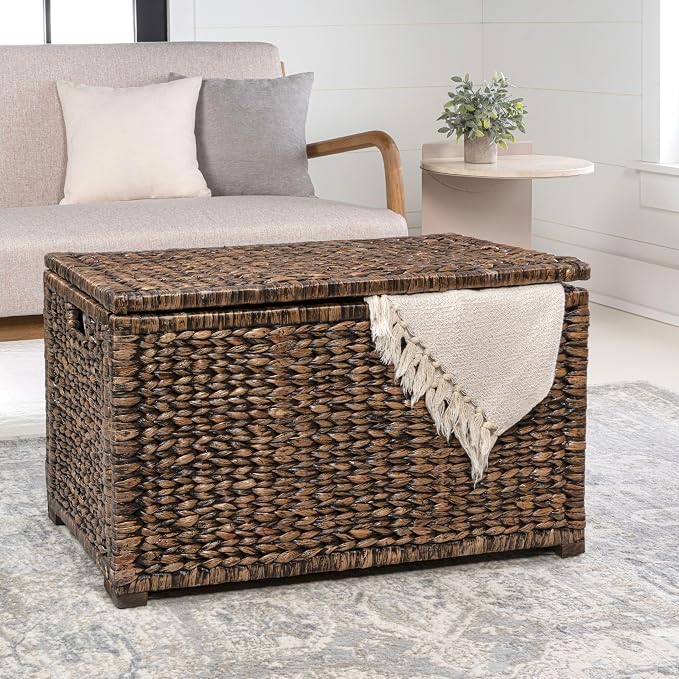 happimess Anada 30" Storage Trunk Wicker Weave Water Hyacinth, Brown Wash | Solid Mahogany Construction, Collapsible Folds Flat, Removable Lid, Fabric Liner, Footed Base, 17.5" Height, 17.5" Depth - Image 2