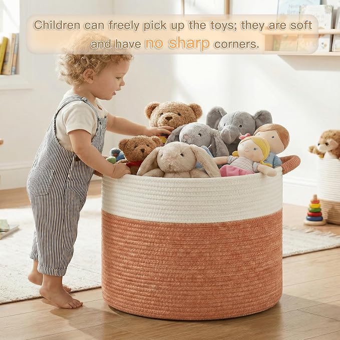 Artfeel 40L Large Cotton Rope Basket, Decorative Woven Blanket Storage for Living Room, Boho Toy Storage & Toy Box for Kids, Versatile Laundry Basket & Nursery Hamper for Blankets(Orange) - Image 3