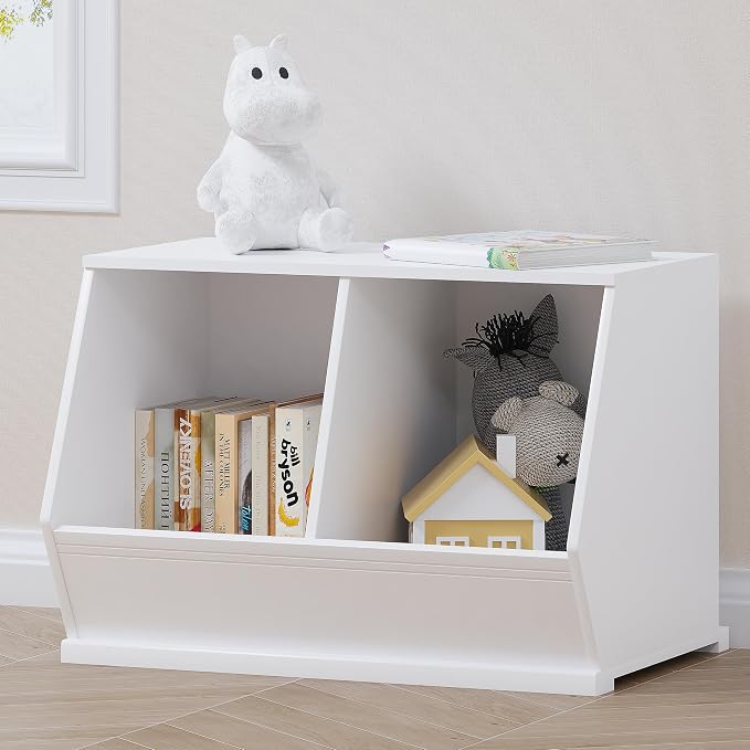 UTEX Stackable Kids Toy Storage Cabinet, Toy Organizer Bin, Cubby Toy Shelf | DIY Play Space, Slanted Front Panel, Toddler Toy Storage, Playroom, Toy Room, Living Room, Nursery, Gift, White, 2 Cubby by UTEX