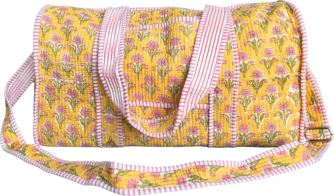 ATOSII Handblock Print 100% Cotton Large Quilted Duffle Bag for Overnight Trip, Travel Weekend Bag, Gym, Luggage, 2 Pockets with Zipper, 1 Front Pocket, Detachable Long Strap, 20 X 10 X 12 Inches, Sol by ATOSII