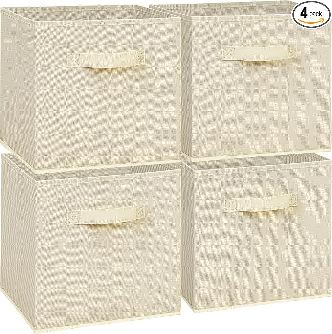 11x11 Storage Bins, Set of 4 Storage Cubes, Collapsible Cube Storage Box, Fabric Closet Organizers with Handles for Home, Office, Closet Shelf Cabinet, Bookcase, Beige by Unknown