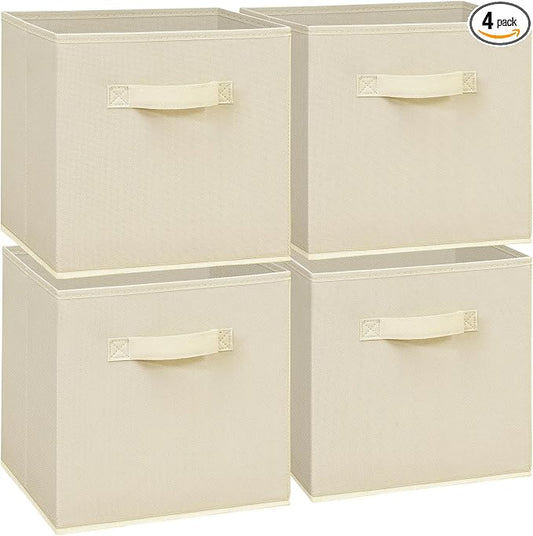 11x11 Storage Bins, Set of 4 Storage Cubes, Collapsible Cube Storage Box, Fabric Closet Organizers with Handles for Home, Office, Closet Shelf Cabinet, Bookcase, Beige by Unknown