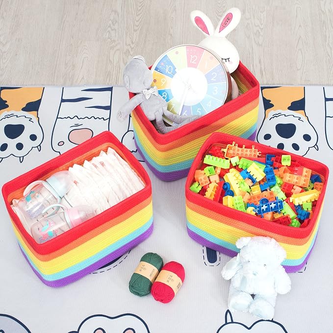 3-Pack Storage Baskets for Shelves, Playroom and Classroom, Book Basket, Decorative Storage Cube Bins, Woven Closet Organizers, Pantry and Shoe Organizer, Rainbow - Image 5