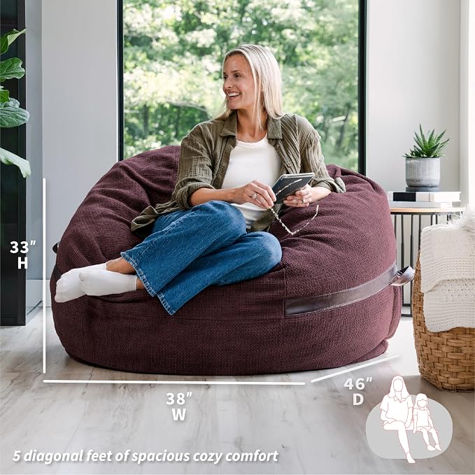Big Joe Fuf 5Ft Oversized Foam Bean Bag Chair with Removable Cover for Kids, Teens, Adults, Merlot Cloudweave, 5 Foot Large Reading and Gaming Seat | Premium Shredded Foam Filled, Cloudweave, Adult-Sized Comfortable Seating, Supports Up to 300 lbs - Image 3