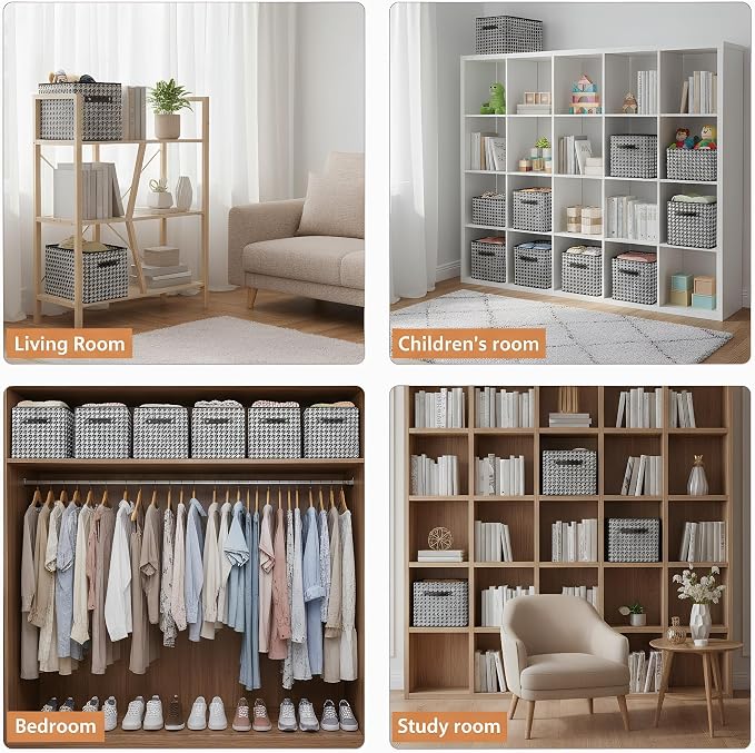 1 Pack Large Collapsible Storage Baskets for Shelves,14.9"x9.5" Fabric Closet storage Boxes with Leather Handles,Decorative Organizers Storage Bins for Clothes,Sheets,Toys,Books,(Houndstooth - Image 5