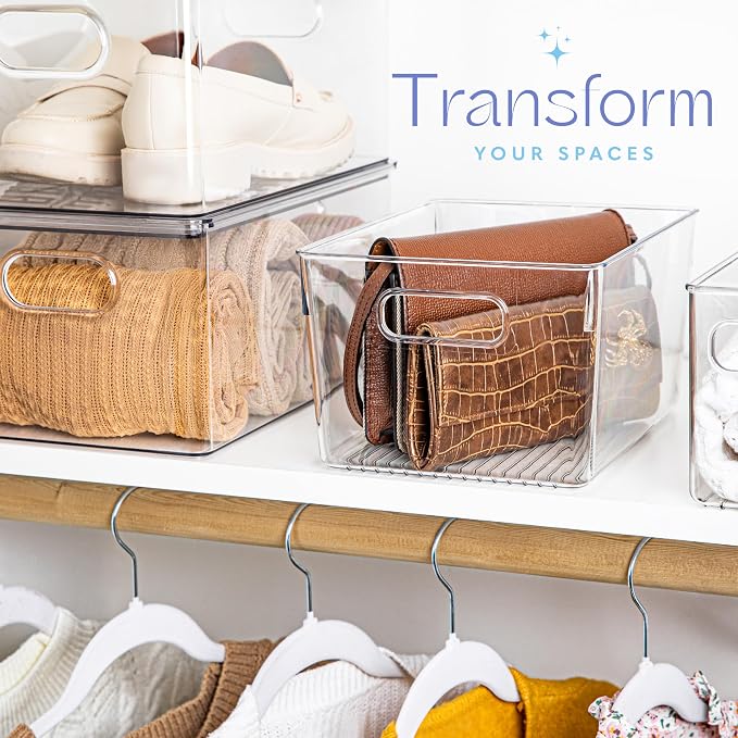 Plastic Food Storage 4 Pack Clear Container Bin with Handles for Organizing Kitchen, Pantry, Refrigerator, Freezer, Pantry, Cabinet, Closet, Bathroom. 10”x7.5”x5.3” - Image 2