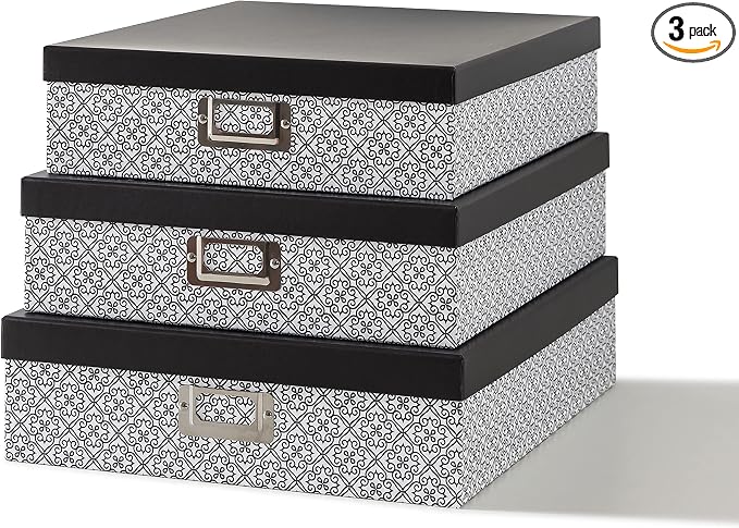 SLPR - Black and White Nesting Storage Boxes with Lids, Set of 3 | Decorative Paperboard Scrapbook Box Set for Keepsakes, Photos and Letter Papers, Large Cardboard Memory Organizers by SLPR