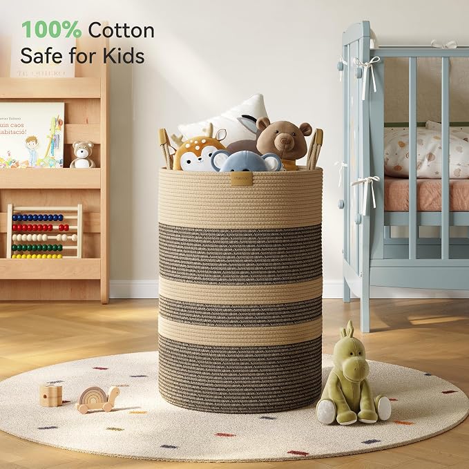 Nunsino 95L Striped Laundry Hamper with Leather Handles,Large Foldable Laundry Basket for Clothes,Cotton Rope Storage Bin for Blankets,Woven Clothes Basket for Bedroom,Dark Brown Stripes - Image 3