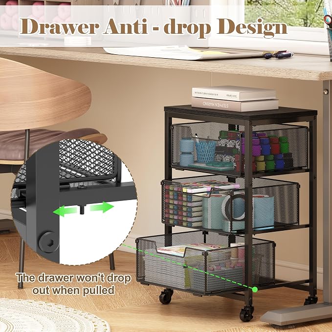 Under Desk Storage Cart with Lockable Wheels, 3-Drawer Rolling Storage Cart, Metal Utility Cart with Drawers for Art Cart, Craft Cart, Classroom, Office, Kitchen, Bedroom - Image 5