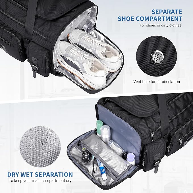 WITZMAN Duffle Bag for Men Large 54L Travel Duffel with Shoe Compartment | Water-resistant Nylon, Dry-wet Pocket, Fits 16" Laptop, Convertible for Gym, Weekender, Sports, Overnight, B717 Black - Image 4