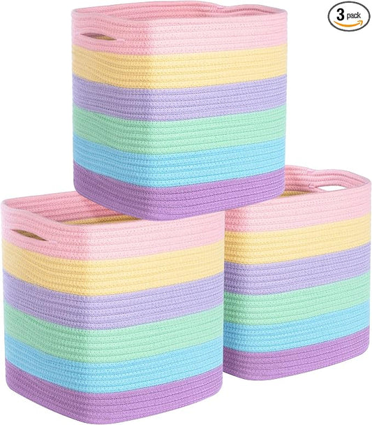 3-Pack 11x11in Woven Cube Storage Bin and Shelf Baskets, Cute Decorative Square Organizer for Closet, Classroom, Bathroom, Dog and Cat Toys, and Books, Pastel Rainbow by MINTWOODDesign