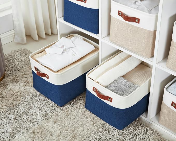 DECOMOMO Storage Bins, Large Fabric Storage Baskets for Shelves 3 Pack | 15 x 11 x 9.5 inches Decorative Linen Closet Organizers (Navy Blue & White) - Image 2