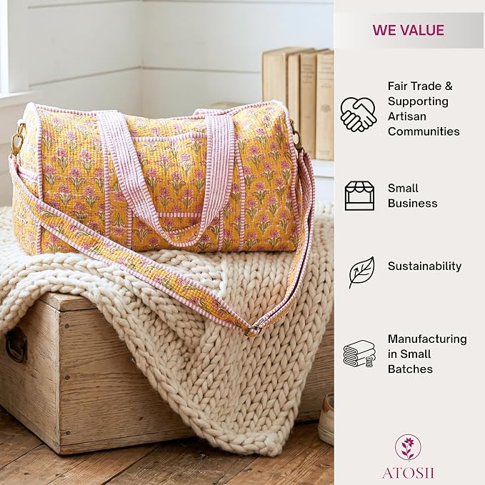 ATOSII Handblock Print 100% Cotton Large Quilted Duffle Bag for Overnight Trip, Travel Weekend Bag, Gym, Luggage, 2 Pockets with Zipper, 1 Front Pocket, Detachable Long Strap, 20 X 10 X 12 Inches, Sol - Image 5