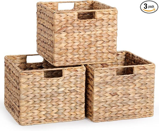 12x12x10in Water Hyacinth Storage Basket Large, Folding Cube Woven Wicker Storage Basket for Shelves, Pantry Baskets Organization and Storage, Kitchen Storage Baskets, Large Rattan Basket Set of 3 by DINGTAI