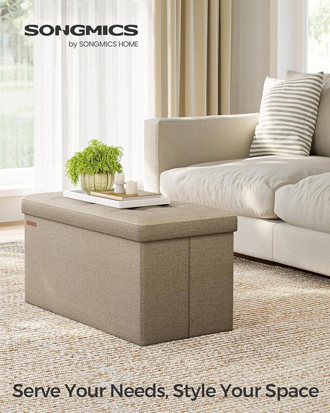 SONGMICS Mazie Collection - 30 Inches Folding Storage Ottoman Bench, Ottoman Foot Rest, End of Bed Bench, Storage Chest, Load 660 lb, for Living Room, Bedroom, Entryway, Camel Brown ULSF047R01 - Image 3