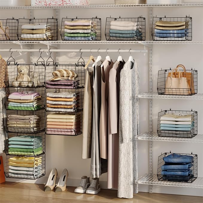 X-cosrack 5 Tier Closet Hanging Organizer, Clothes Hanging Shelves with 4 Hanging Hooks 5 S Hooks, Wire Storage Basket Bins, for Clothing Sweaters Shoes Handbags Clutches Accessories Patent Design - Image 4
