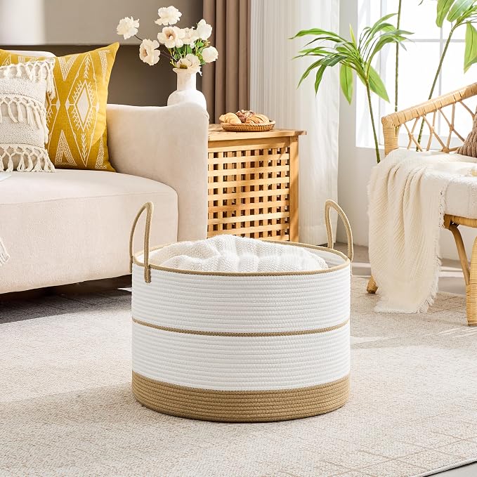 KAKAMAY Large Blanket Basket with Handles, Storage Basket for Living Room | Extra Large Capacity | Natural Cotton Rope | Blanket Storage | Woven Storage Basket | Stuffed Animal Storage | Laundry Basket - Image 2