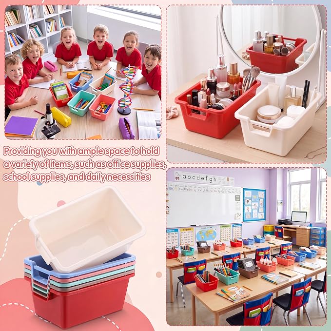 Thyle 18 Pieces Plastic Cubby Bins with Labels 11.6 x 7.7 x 5 Inch Classroom Book Bins Stacking Storage Container Organizer Storage Cubbies for Classroom Office (Morandi Color2) - Image 6