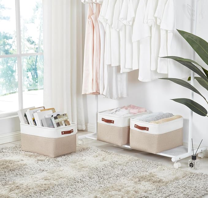 DECOMOMO Storage Bins, Large Fabric Storage Baskets for Shelves 3 Pack | 15 x 11 x 9.5 inches Decorative Linen Closet Organizers with Handles(Beige and White) - Image 8